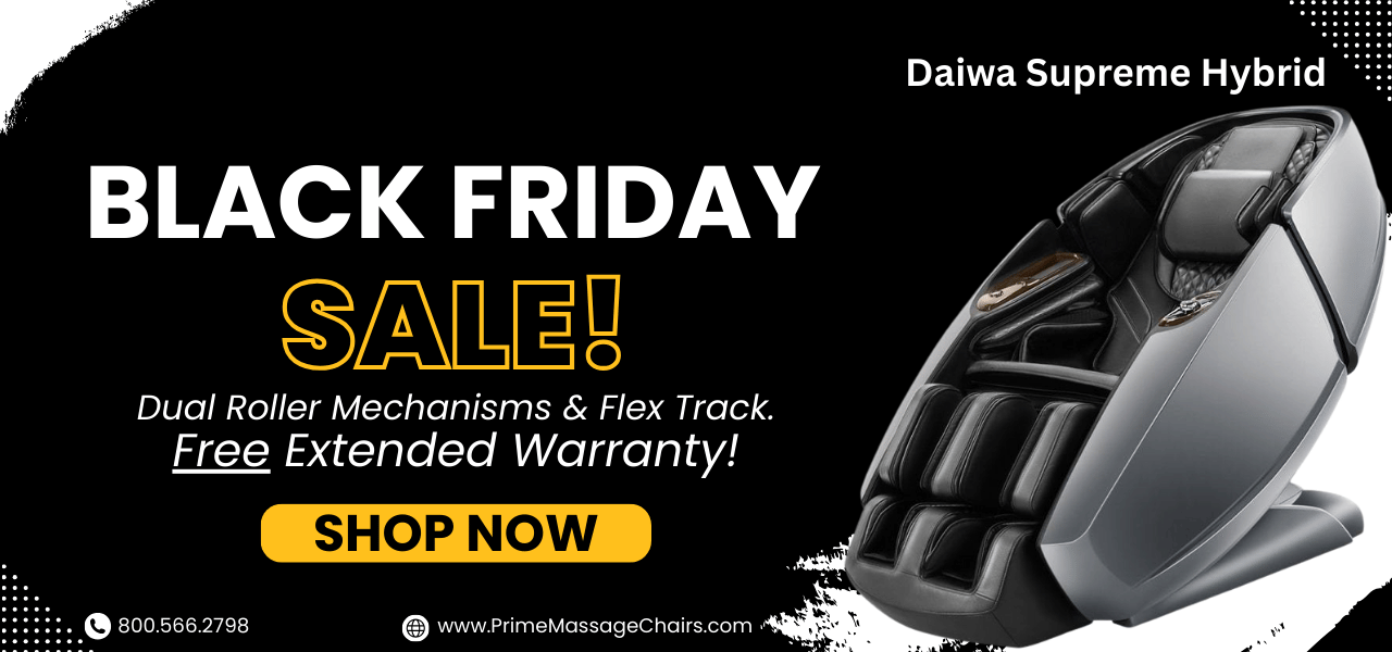 Advertisement for Daiwa Supreme Hybrid massage chair with Black Friday sale text on a black background.