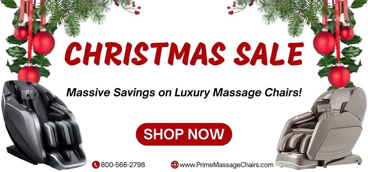 Advertisement for Christmas sale on luxury massage chairs with festive decorations.