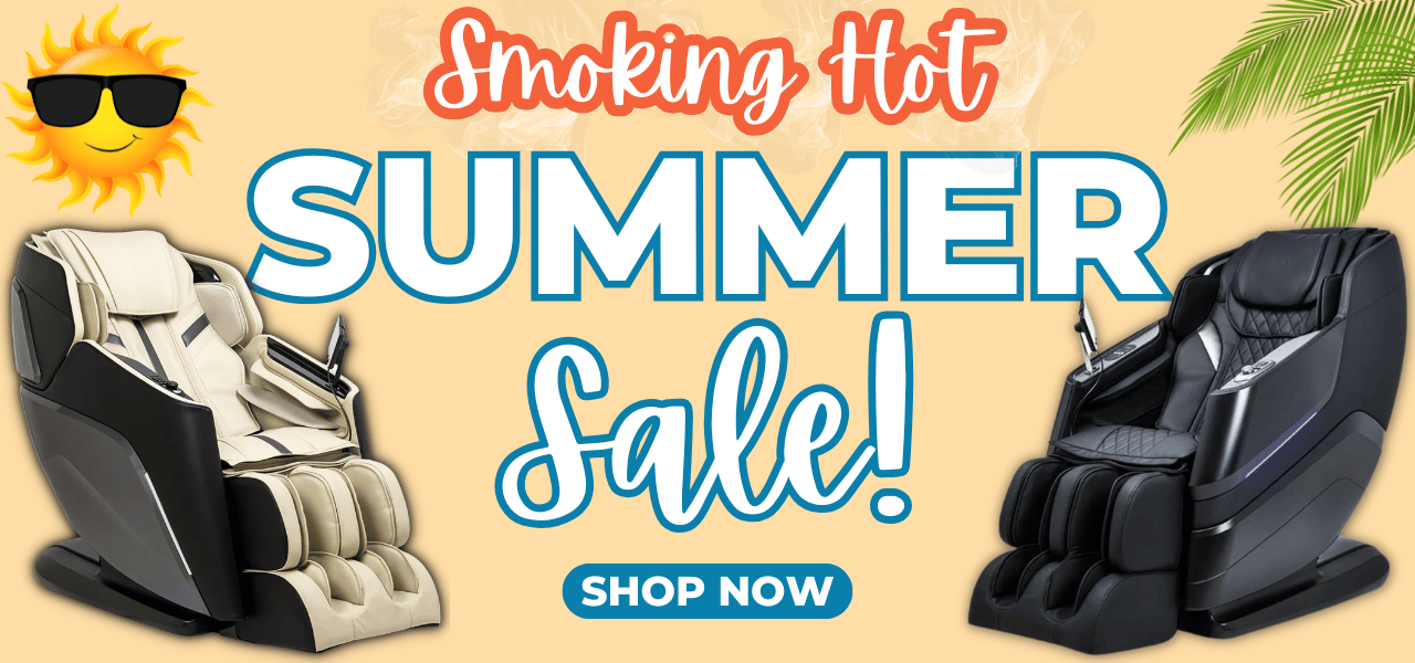 Two massage chairs with promotional text for a summer sale.