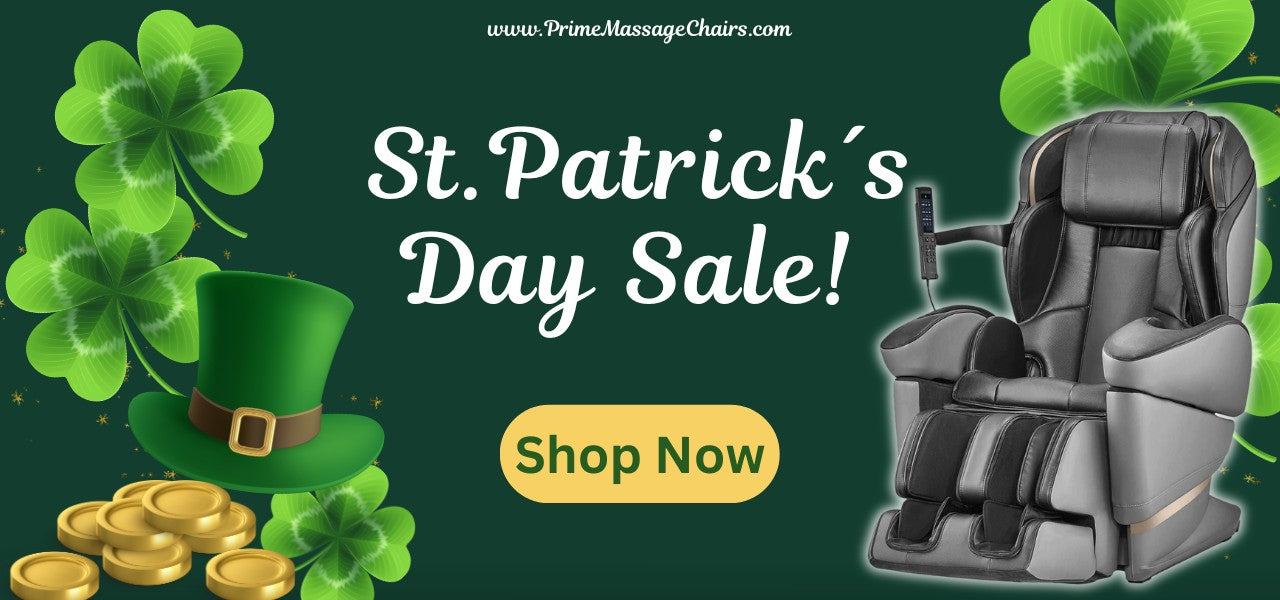 Advertisement for a massage chair during St. Patrick's Day with shamrocks, gold coins, and a green hat.