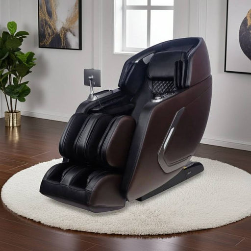 The Osaki 4D Bravo Duo Massage Chair in brown color in a living room setting.
