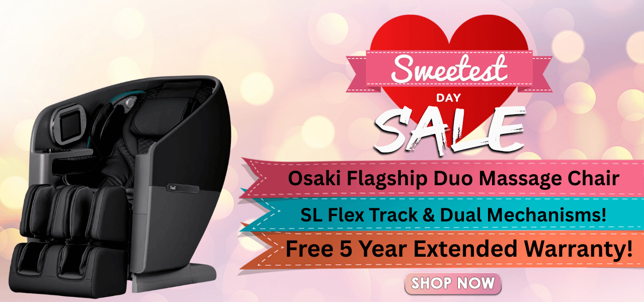 Osaki Flagship Duo Massage Chair with promotional text for Sweetest Day sale on a colorful background.