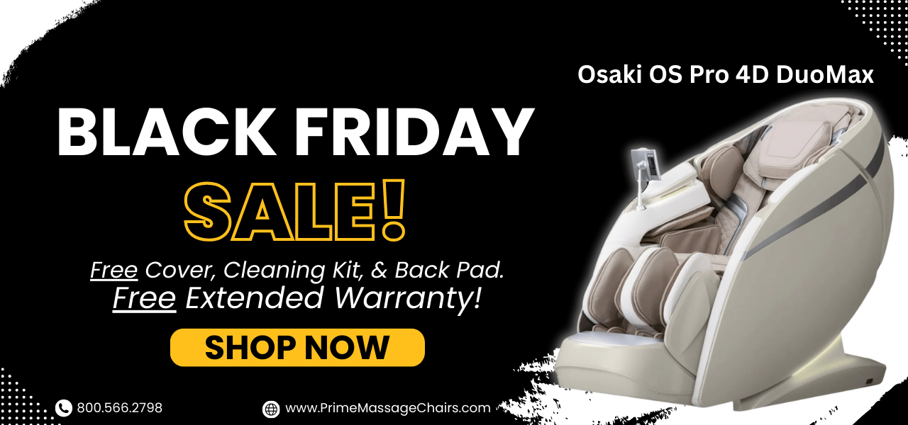 Osaki OS Pro 4D DuoMax massage chair with Black Friday sale text on a black background