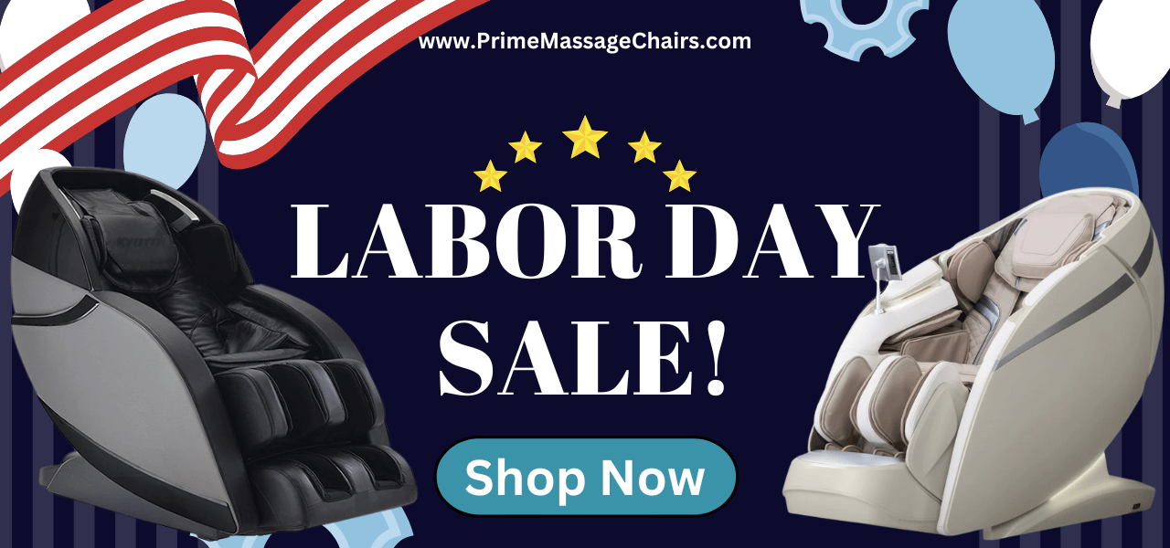 Massage Chair Labor Day Sale showing two massage chairs and a shop now button.