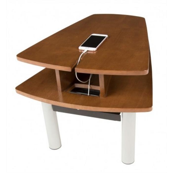 Human Touch Perfect Chair Media Table In Walnut Side View with cellphone