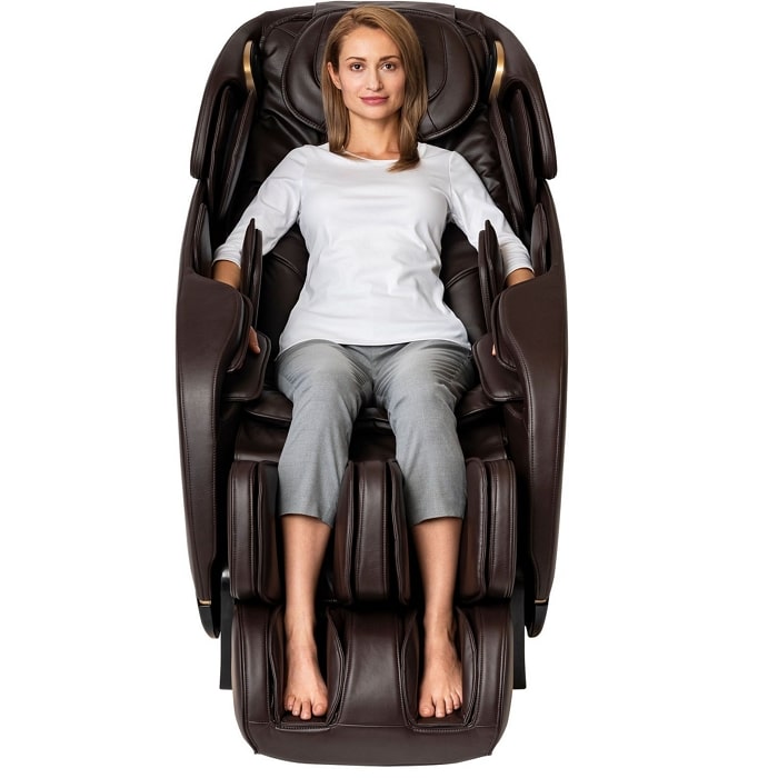 Inner Balance Jin 2.0 Massage Chair in Brown with Woman Sitting