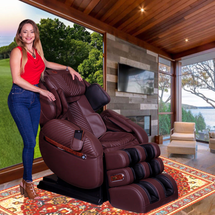 Luraco i9 Max Special Edition Medical Massage Chair in Chocolate Brown color with woman standing beside it.