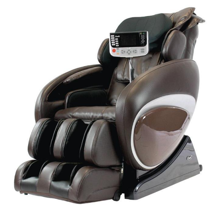 Osaki OS 4000T Massage Chair in brown semi side view with focused controller