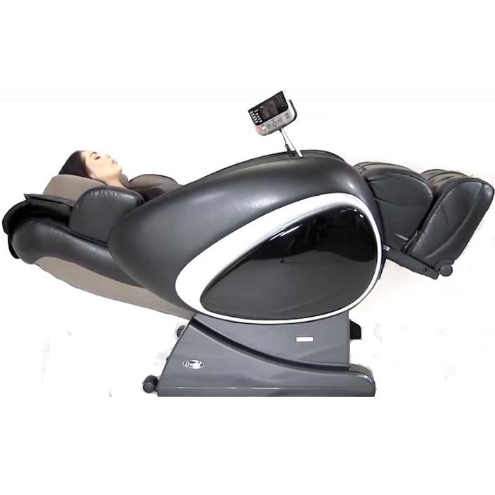 Osaki OS 4000T Massage Chair in black reclined position with model white background