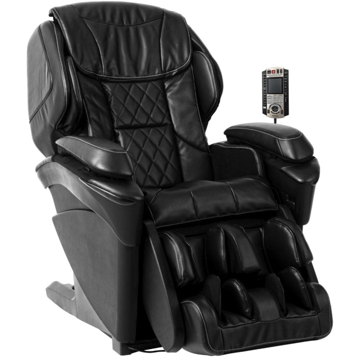 Panasonic MAJ7 Massage Chair in Black Angled View with controller and white background.