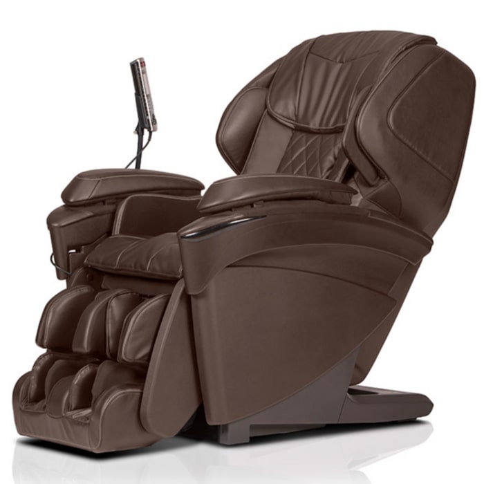 Panasonic MAJ7 Massage Chair in Brown in an angled view with controller.