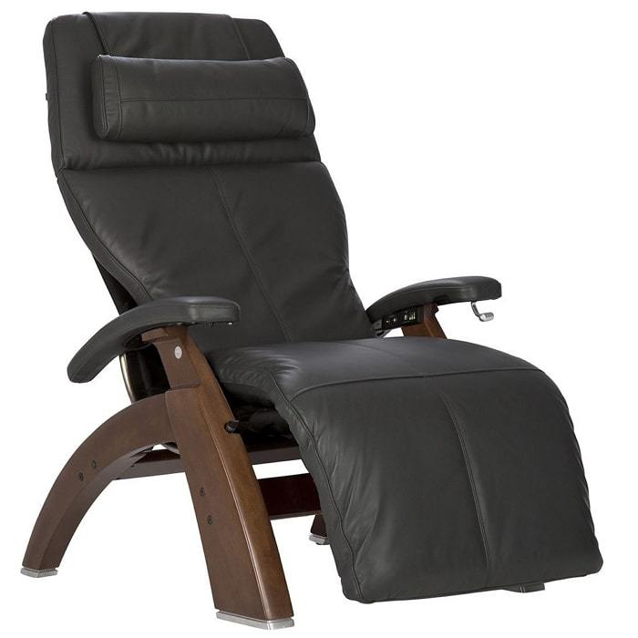 Human Touch Perfect Chair PC-420 with Gray Premium Leather, Supreme Package, & Walnut base.