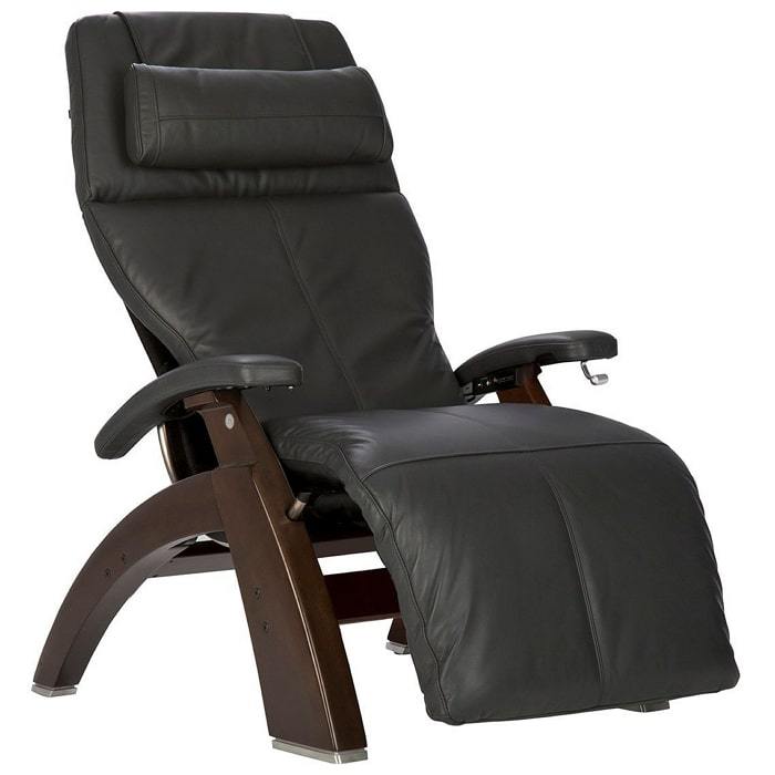 Human Touch Perfect Chair PC-420 with Gray Premium Leather & Dark Walnut base.