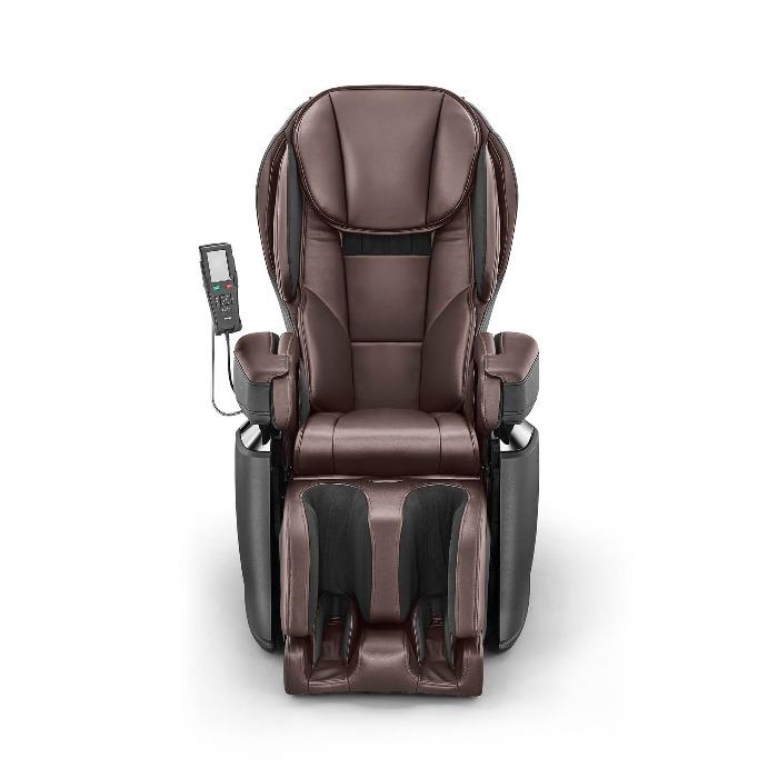 Synca JP1100 massage chair in brown showing the front view.