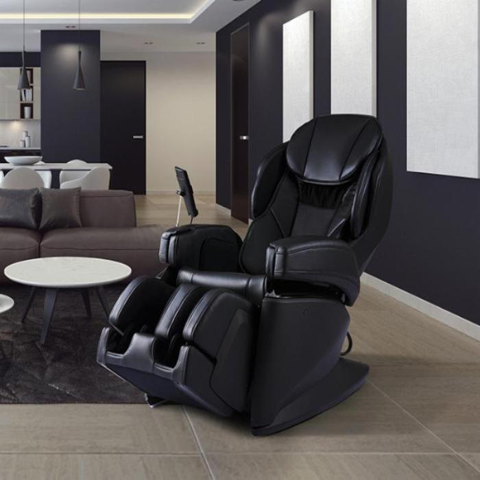 Synca JP1100 Massage Chair in black angled view facing left inside a room