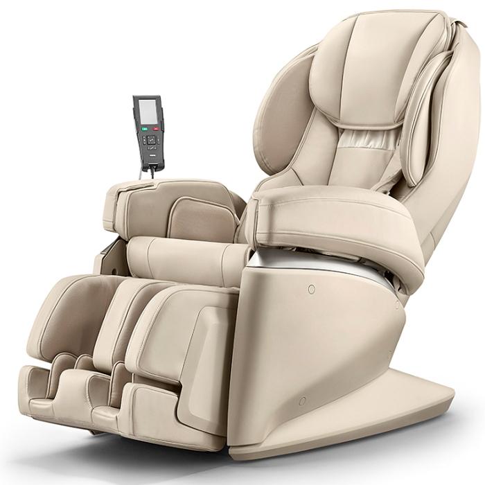 Synca JP1100 Massage Chair in beige color angled view facing left in white background
